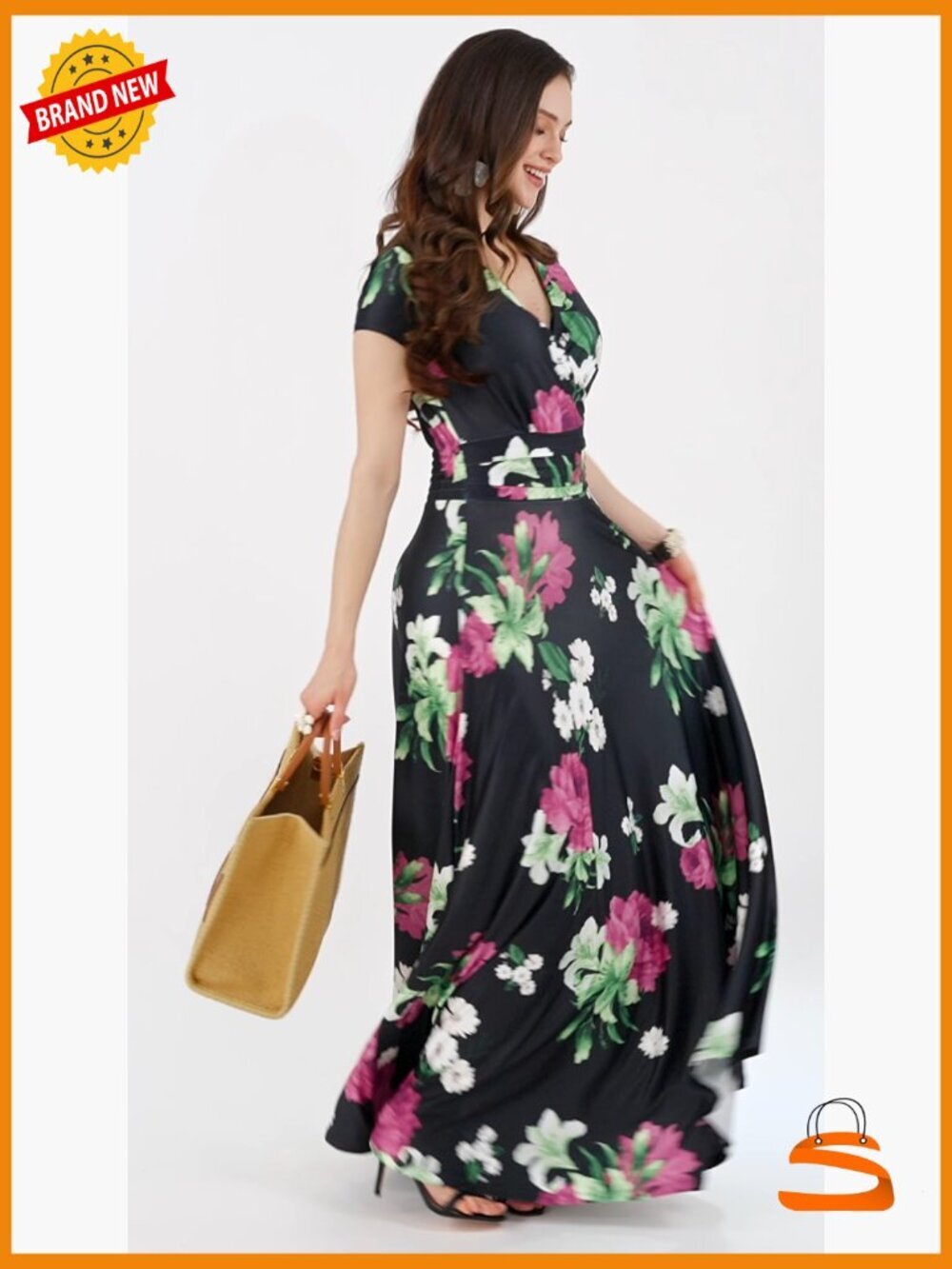 Flowing Floor Length Maxi Dress with Short Sleeves V-Neck Plus Size - Picture 7 of 7